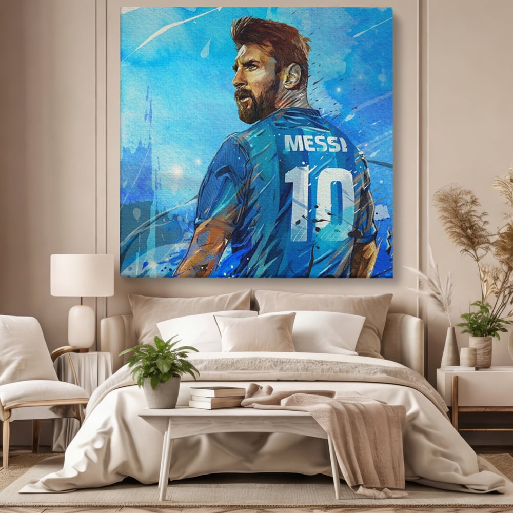 Tablou canvas cu ilustratie digitala cu messi, fara rama, pe sasiu de lemn, pe perete intr-un dormitor